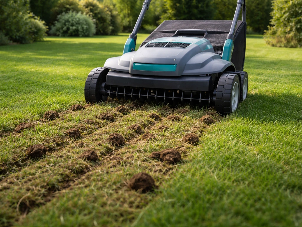 Verticuteermachine die door een gazon gaat, met losgekomen vilt en opengewerkte plekken zichtbaar.