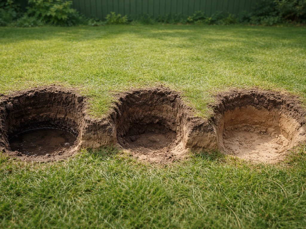 Close-up van gaten in een gazon met opengegraven bodemprofielen die oorzaken zoals verzakking en slechte drainage tonen.