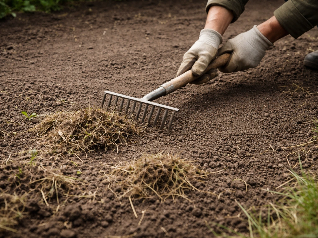 Handen met hark in de tuin die dood gras en onkruid verwijderen voor een vlakke, geëgaliseerde bodem.