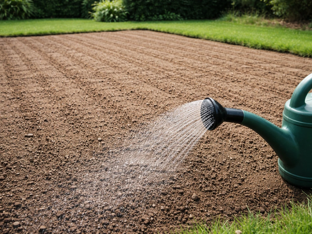Gelijkmatig dun laagje zeefgrond op ingezaaid gazon met een gieter die zacht water geeft zonder wegspoelen.