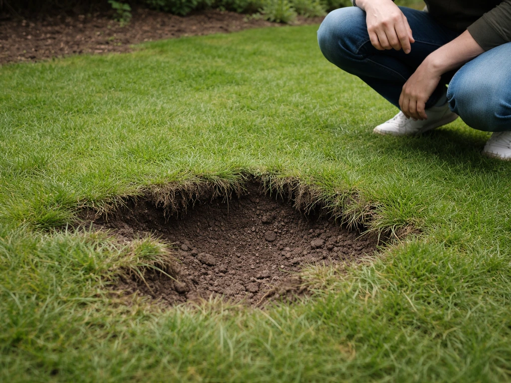 Hobbelig gazon met zichtbare kuil/plaatselijke verzakking in de ondergrond