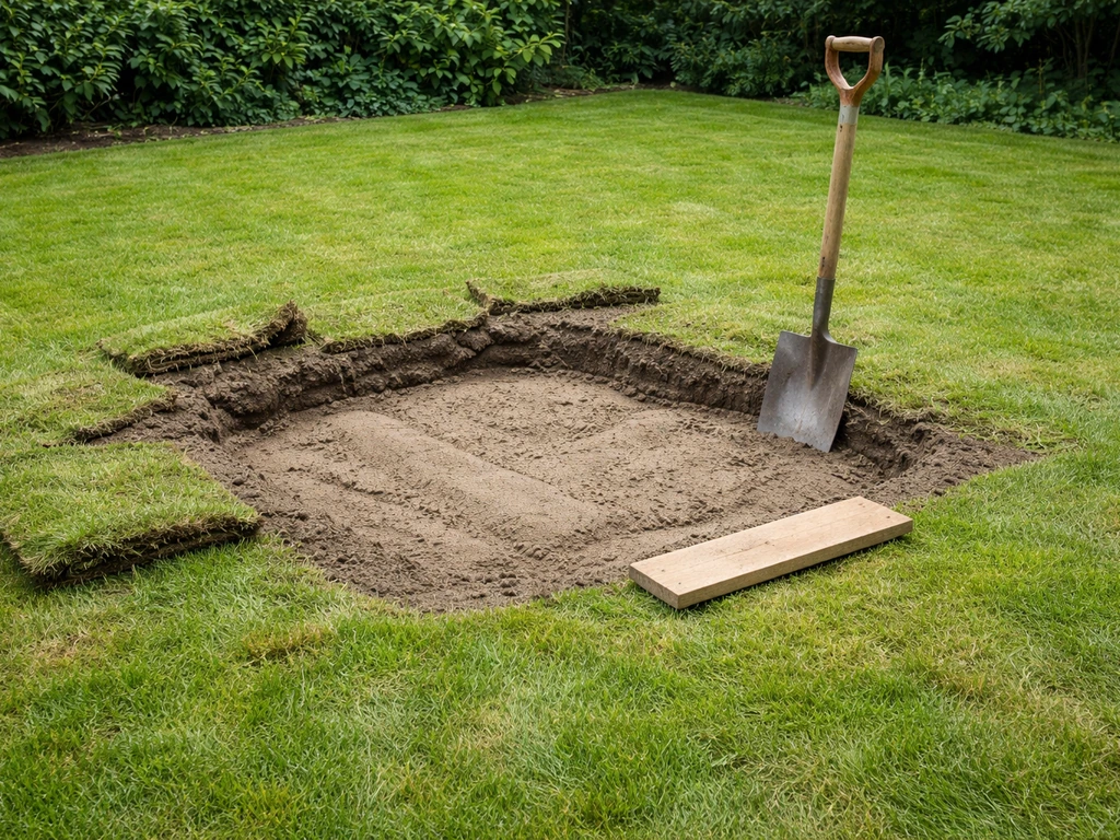Gazonkuil opgevuld in lagen met zand-aarde mix, grasranden verwijderd, gereedschap op de achtergrondrand.