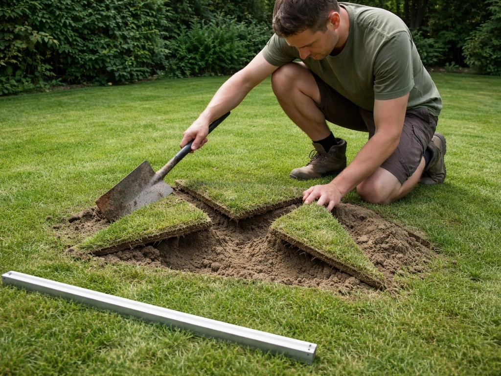 Persoon snijdt graszode op een bult open als enveloptechniek en controleert met lat/waterpas.