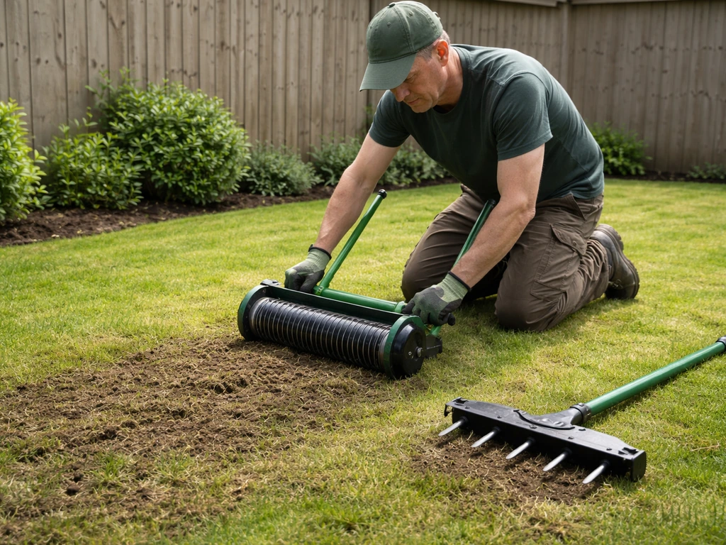 Tuinman met verticuteerrol en graszaad-/topdressingborstel bij opengewerkt gazon, waarna beluchten met holle pennen.