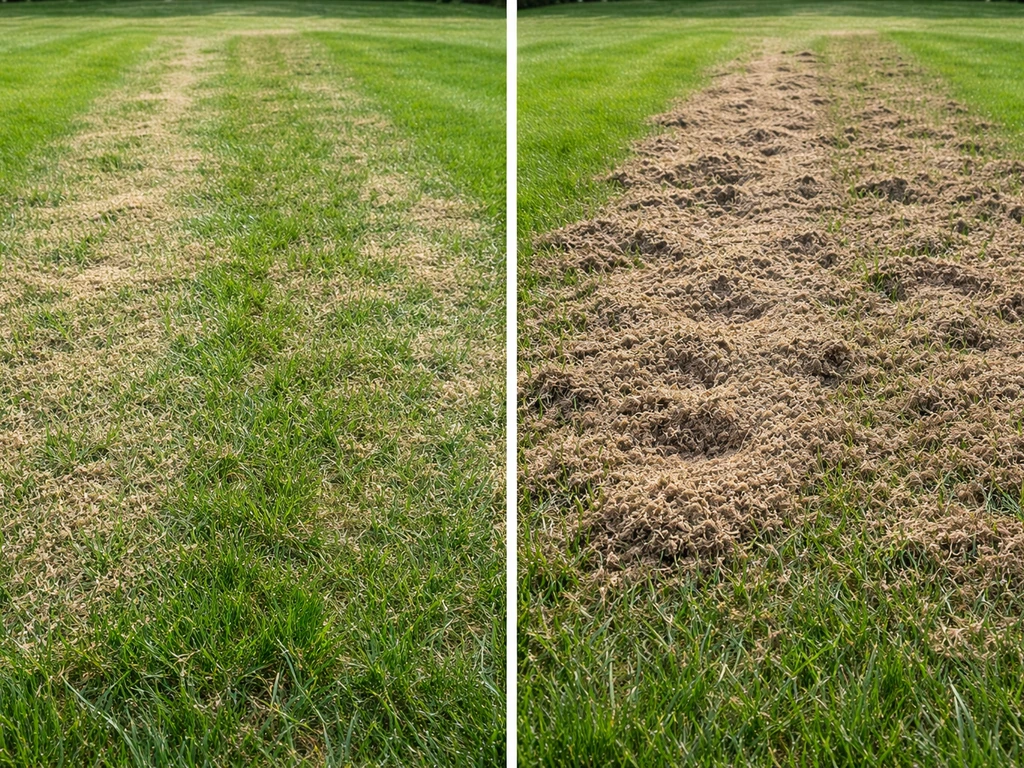 Gazonstrook met links dunne topdressing en rechts te dikke laag met verdicht/afgestorven gras.