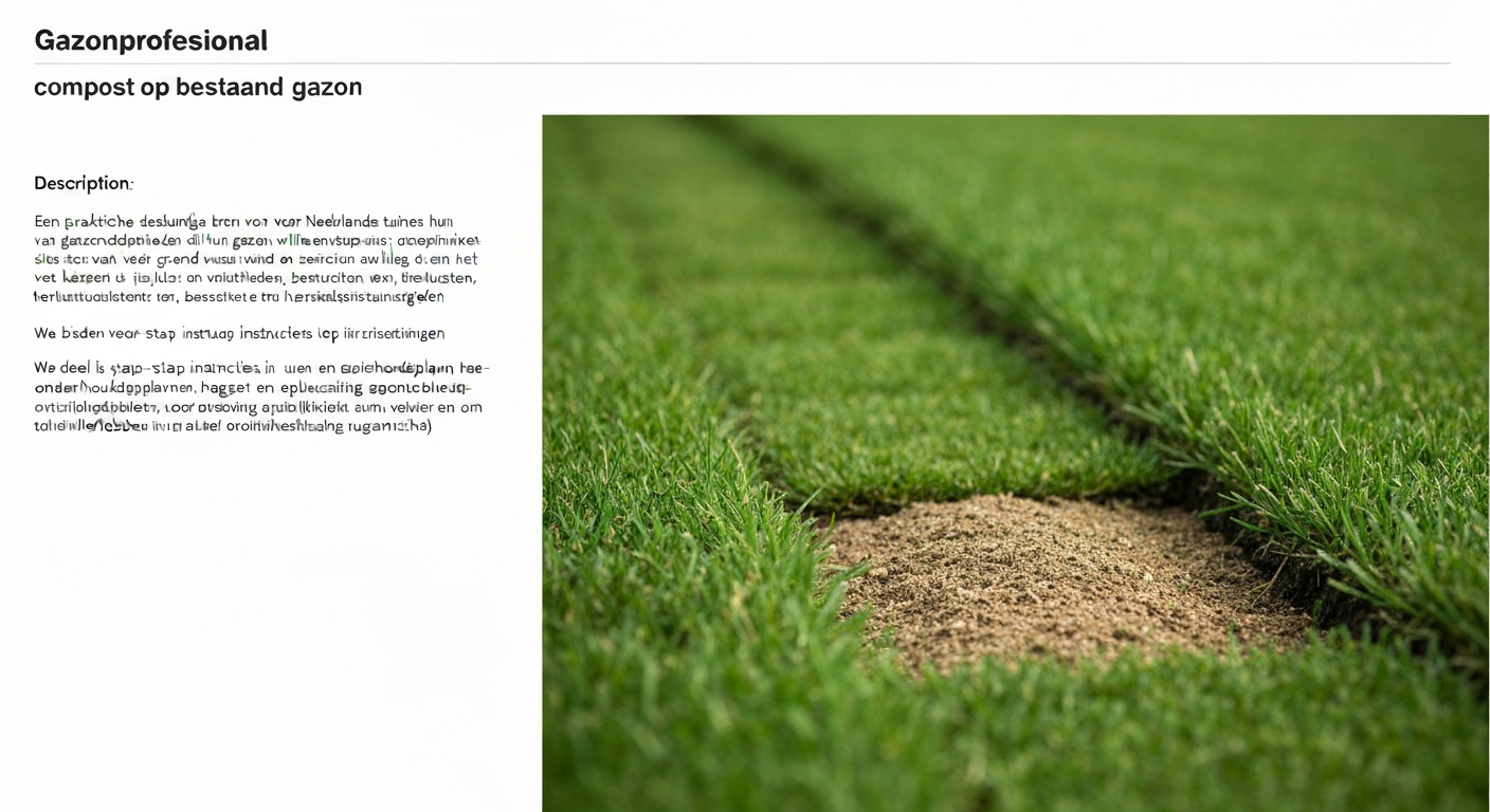 Tuinier strijkt fijn gezeefde compost (0–5 mm) als dunne topdressing uit over een gezond Nederlands gazon, close-up van compost tussen grassprieten.