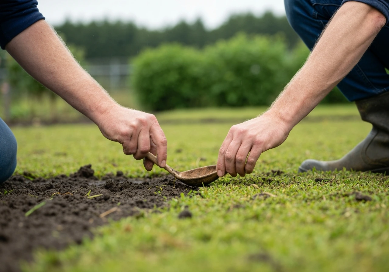 Close-up van iemand die met een schepje grond uitgraaft en de bodem onderzoekt in de tuin.