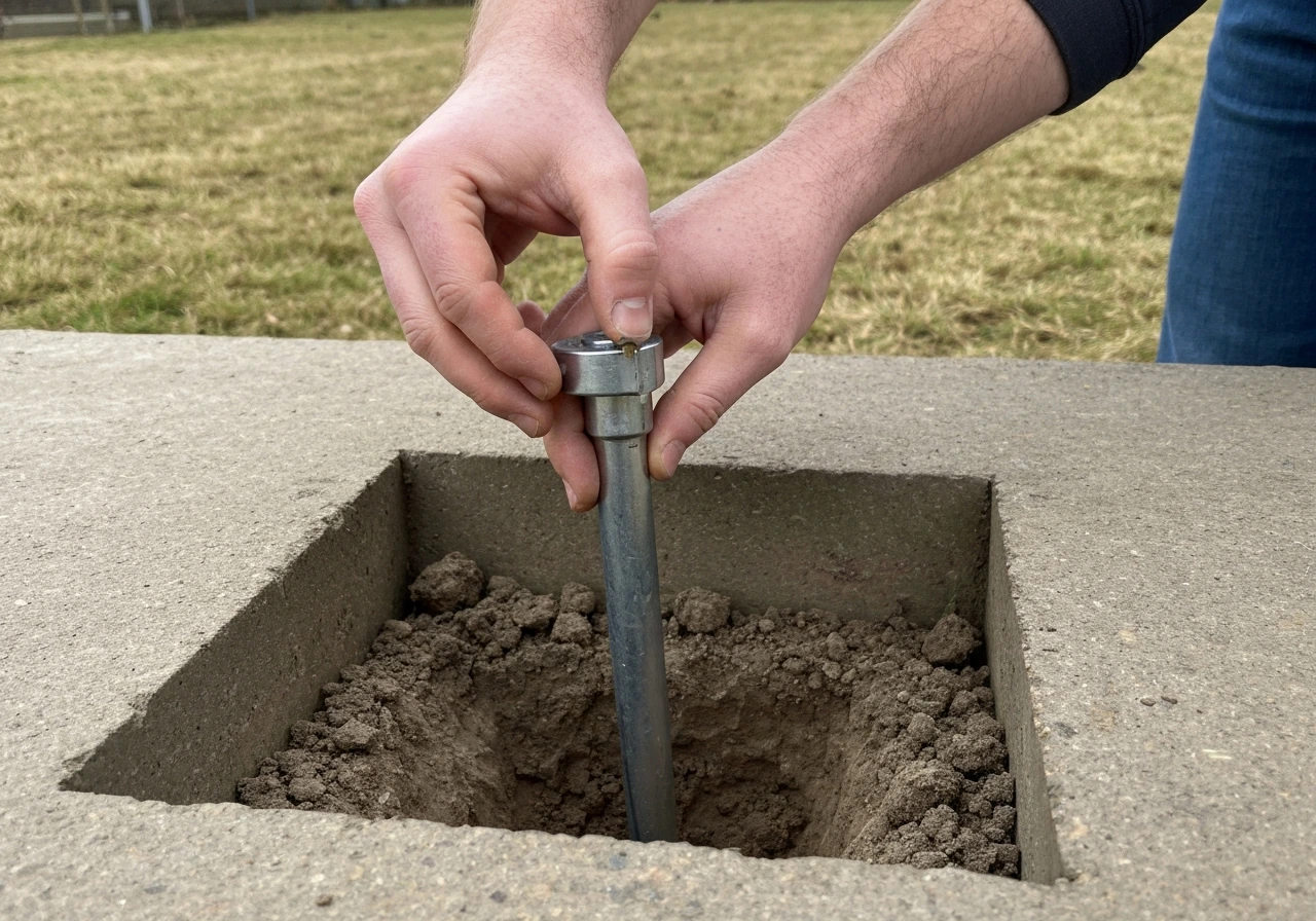 Hand die een schroevendraaier in de grond duwt tot ongeveer 15 cm bij een verdichtingstest
