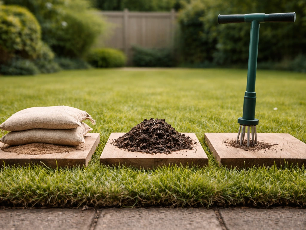Minimalistische tuinfoto met handbeluchtingsrol, zand en compost op plankjes op het gazon, zonder tekst.