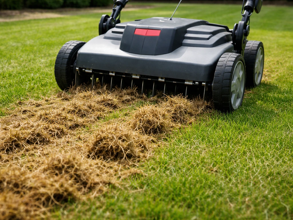 Verticuteermachine die vilt en afgestorven gras omhoog haalt op een gazon, met zichtbare opbrengst.