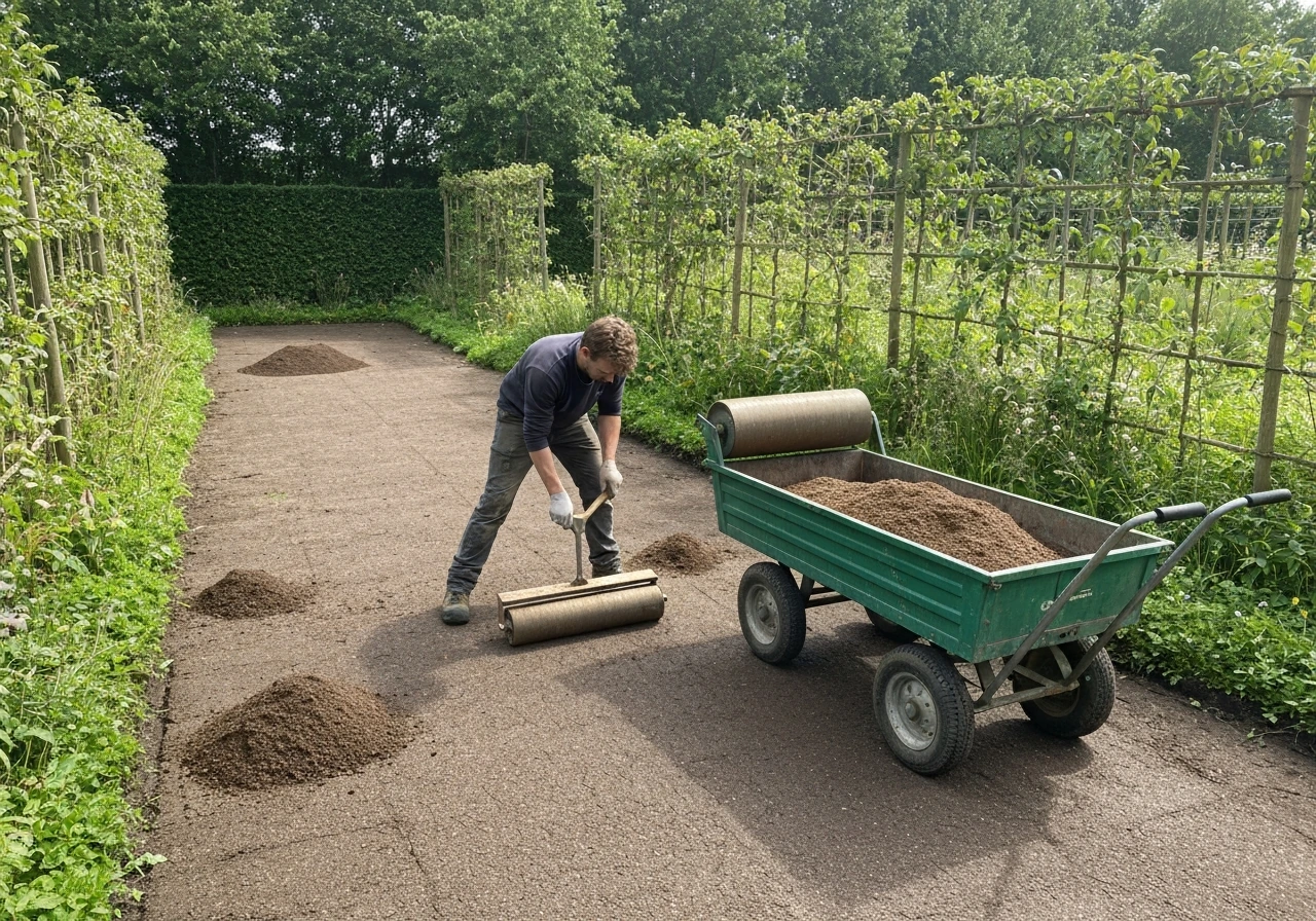 Tuinier werkt kale plek met toplaagmix: aarde wordt geëgaliseerd en daarna aangedrukt