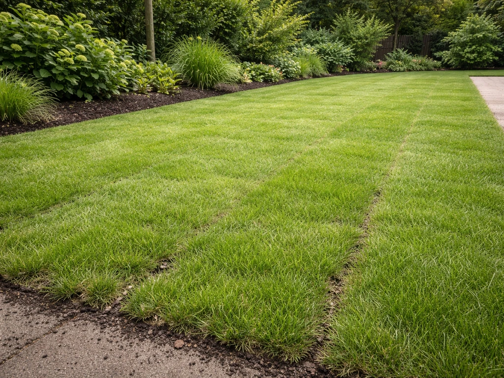 Vers nieuw aangelegd gazon met strak gelegde zoden, overgaand in de tuinborder, in natuurlijk daglicht.