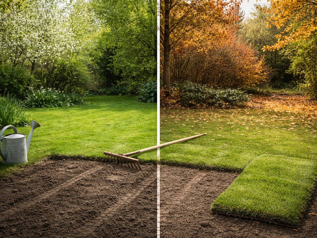 Voorbereide tuingrond met net gelegde graszoden, lentegroen links en herfsttint rechts, zonder tekst.
