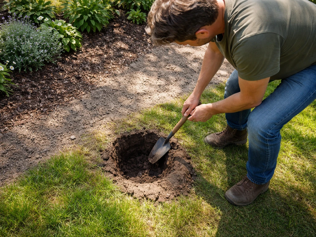 Tuinman graaft een klein gat voor drainage-check, met zon en schaduw zichtbaar in de tuin.