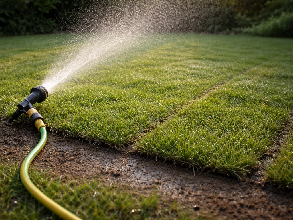 Vroeg in de ochtend een rolgazon besproeien met slang en sproeier; bodem licht vochtig en waterdruppels zichtbaar.