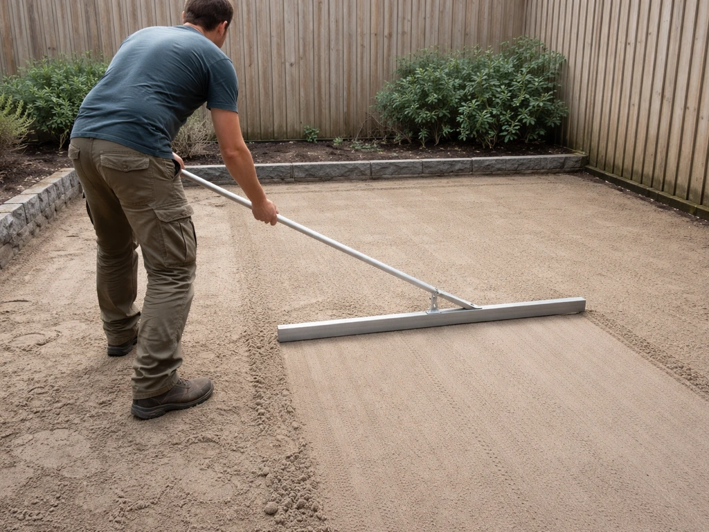 Persoon egaliseert zand met een rei op een kale tuinbodem voor een strak gazon