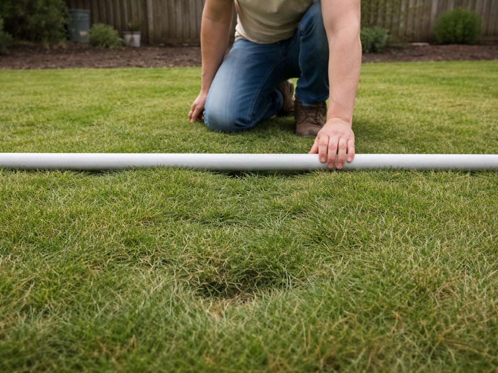 Gazon in een achtertuin met een lange lat of pvc-buis die over het gras ligt om laagtes te checken.