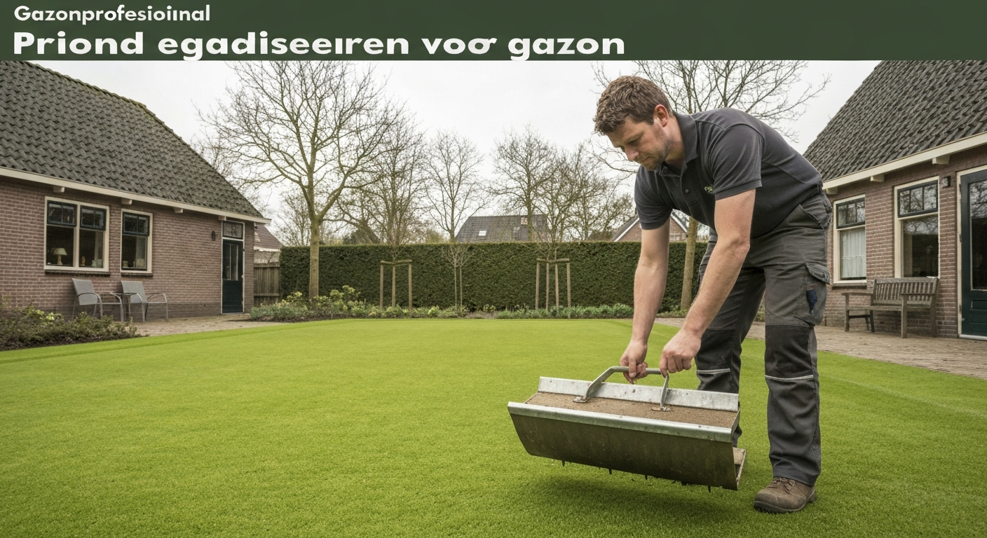 Tuinier egaliseert gazon met hark en houten lat; topdressing verspreid; laserwaterpas zichtbaar