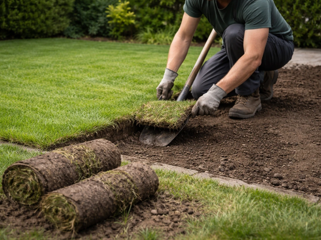 Hovenier schept oude graszoden met spade en grondsteker; opgerolde zoden klaarliggen in een Nederlandse tuin.
