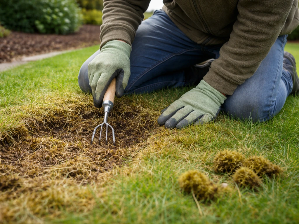 Tuinier knielt bij een grasmat en inspecteert mos en grasvilt met een tuinkrabje naast zich