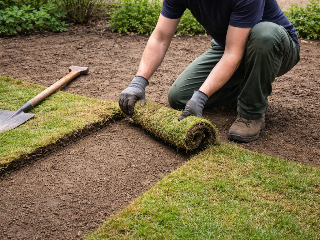 Tuinier steekt met een grondsteker een oude grasmat los in nette stroken, kleine tuin, grondwerk in beeld.