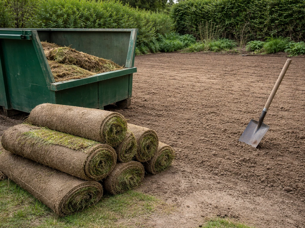 Openbare groene container met afgevoerde graszoden en schoongemaakte, kruimelige bodem voor een nieuw gazon