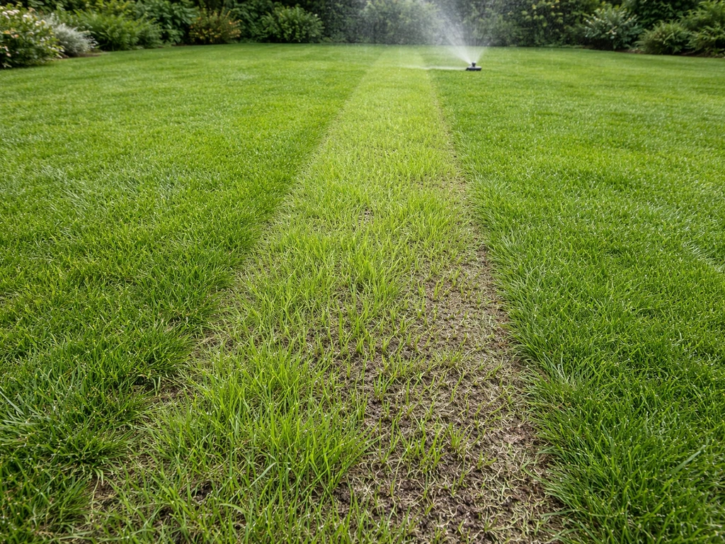 Bovenaanzicht van hersteld gazon: nieuwe sprieten naast bestaande grasmat, met subtiele waternevel van sproeikop.