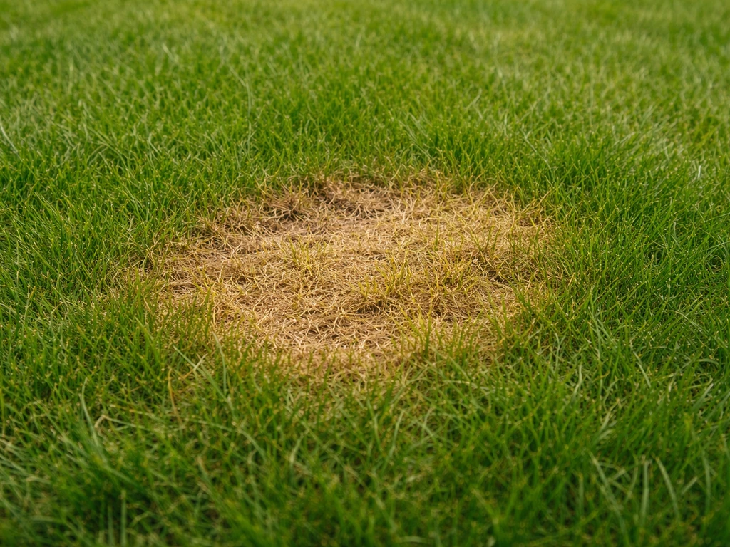 Gele en bruine plek in het gazon door hondenurine, met ernaast gezond groen gras als contrast.