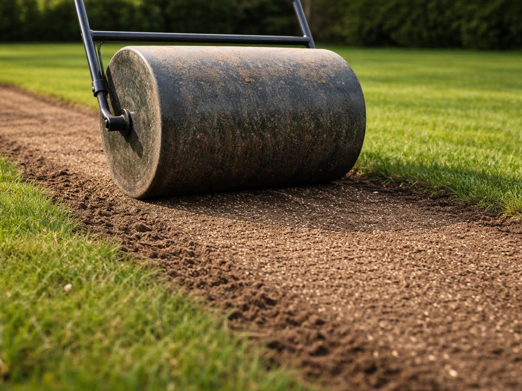 Tuinrol rolt over ingezaaide grasstrook; zaadbed en aandrukking zichtbaar in natuurlijk daglicht.