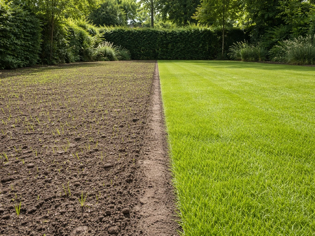 Tuin met links jong gezaaid gazon in opkomst en rechts vers gelegde rolzoden, gescheiden door een smalle rand